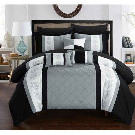CHIC HOME Chic Home CS2794-US Jack Pintuck Pieced Color Block Embroidery Bed in a Bag Comforter Set with Sheets - Grey - Twin - 8 Piece CS2794-US